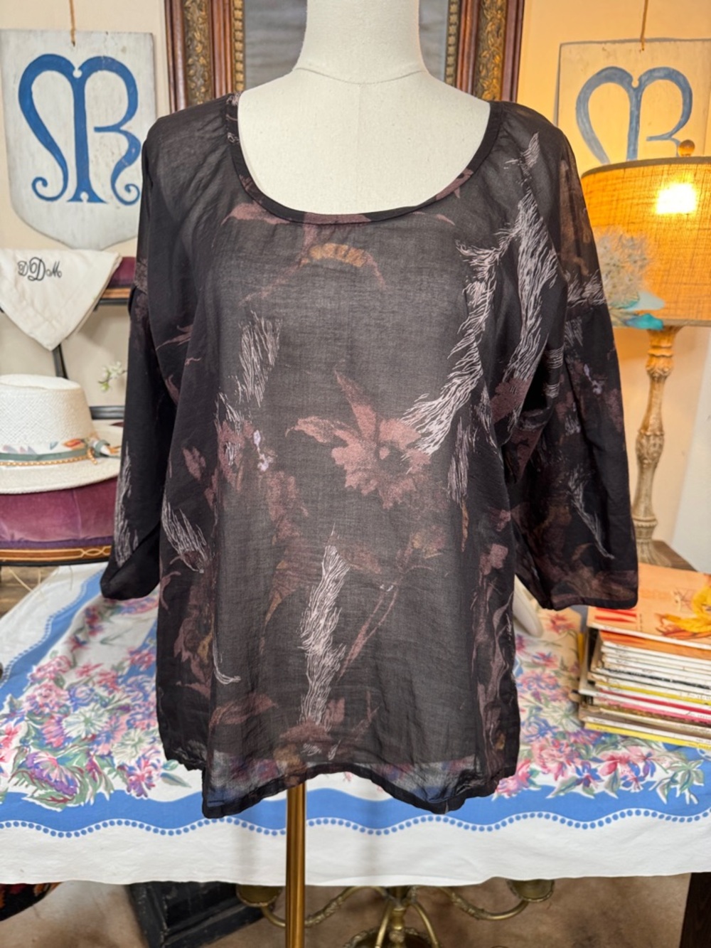 Vintage Diesel Black Sheer Floral Scoop Neck Tunic with Dusty Rose Accents